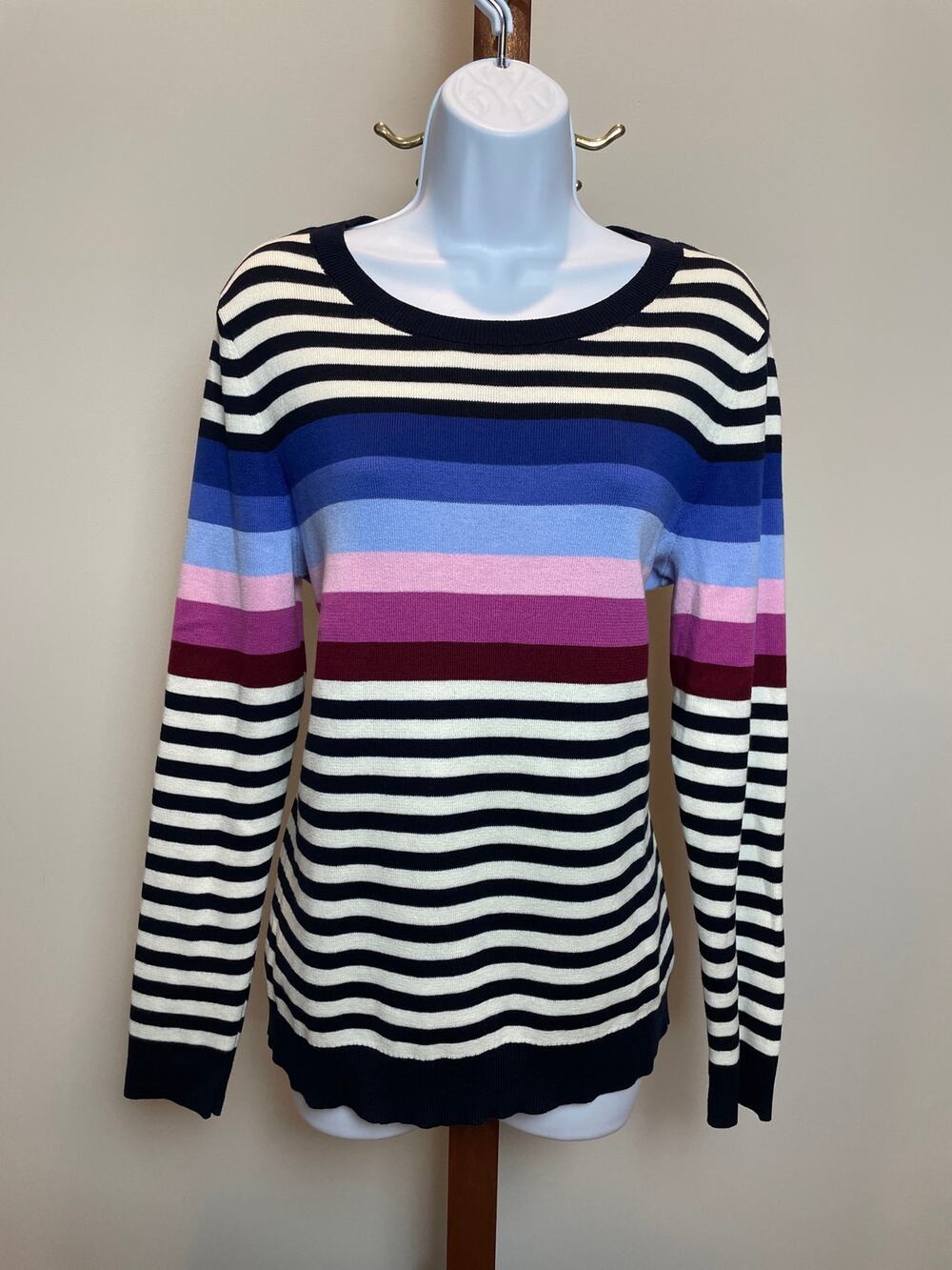 Talbots Striped Cotton Sweater Size L White Navy Colorful Accents Classic Knit
